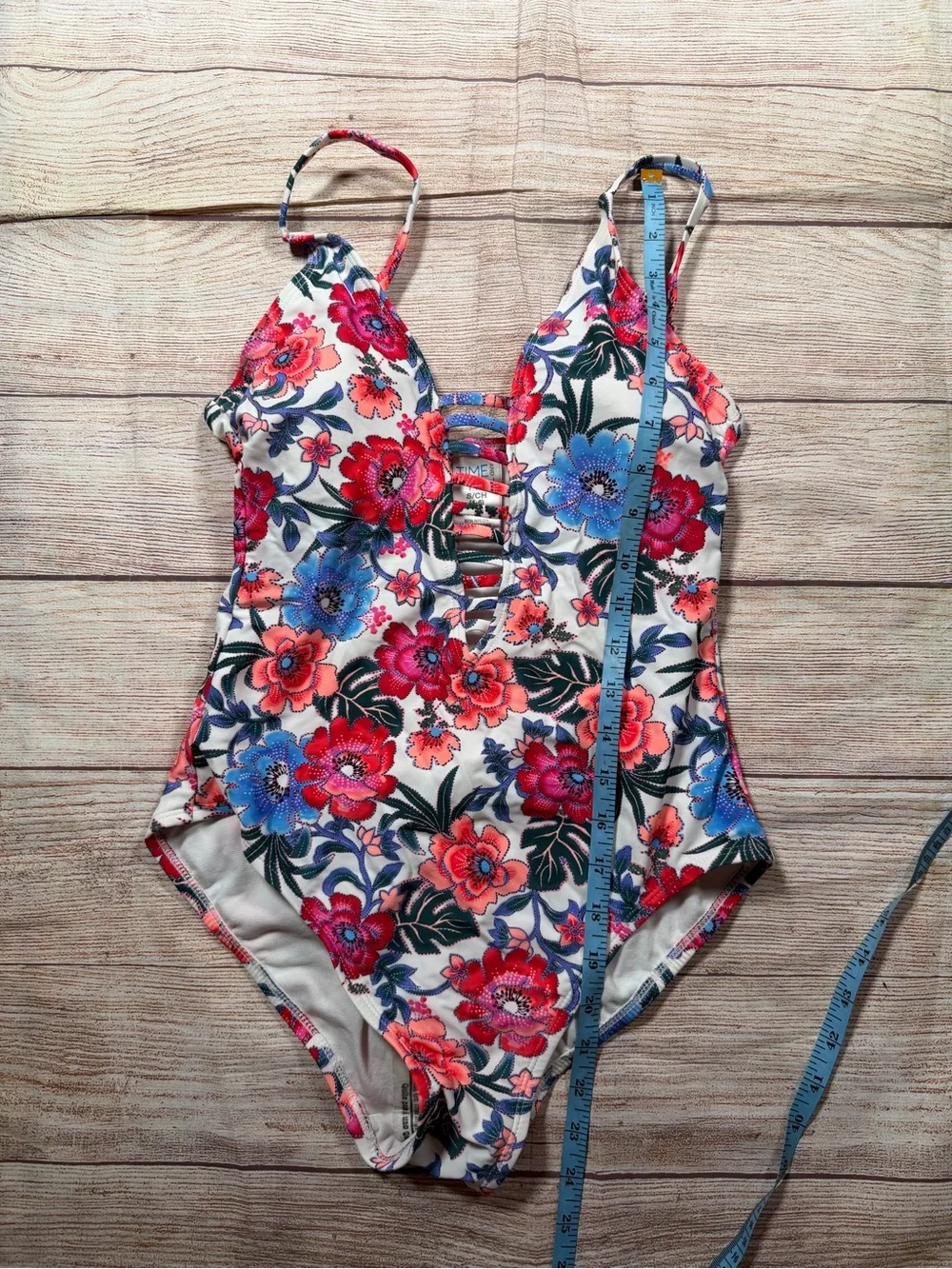 NWOT Floral One-Piece Swimsuit Ladder Front in White,‎ Pink & Blue